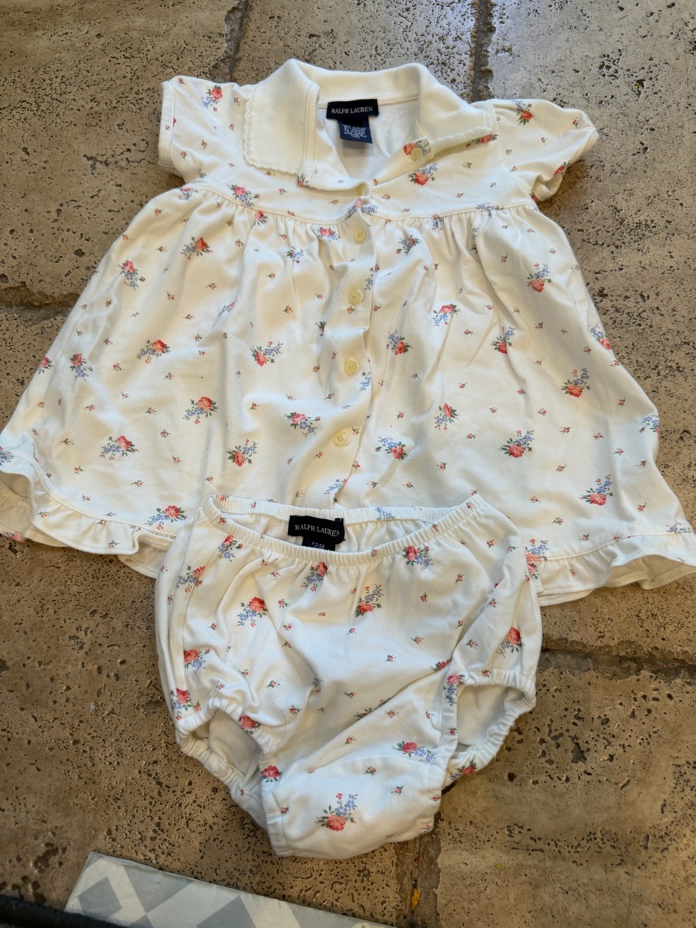 Vintage Ralph Lauren Cream Baby Floral Dress & Bloomers Set with Pink Accents